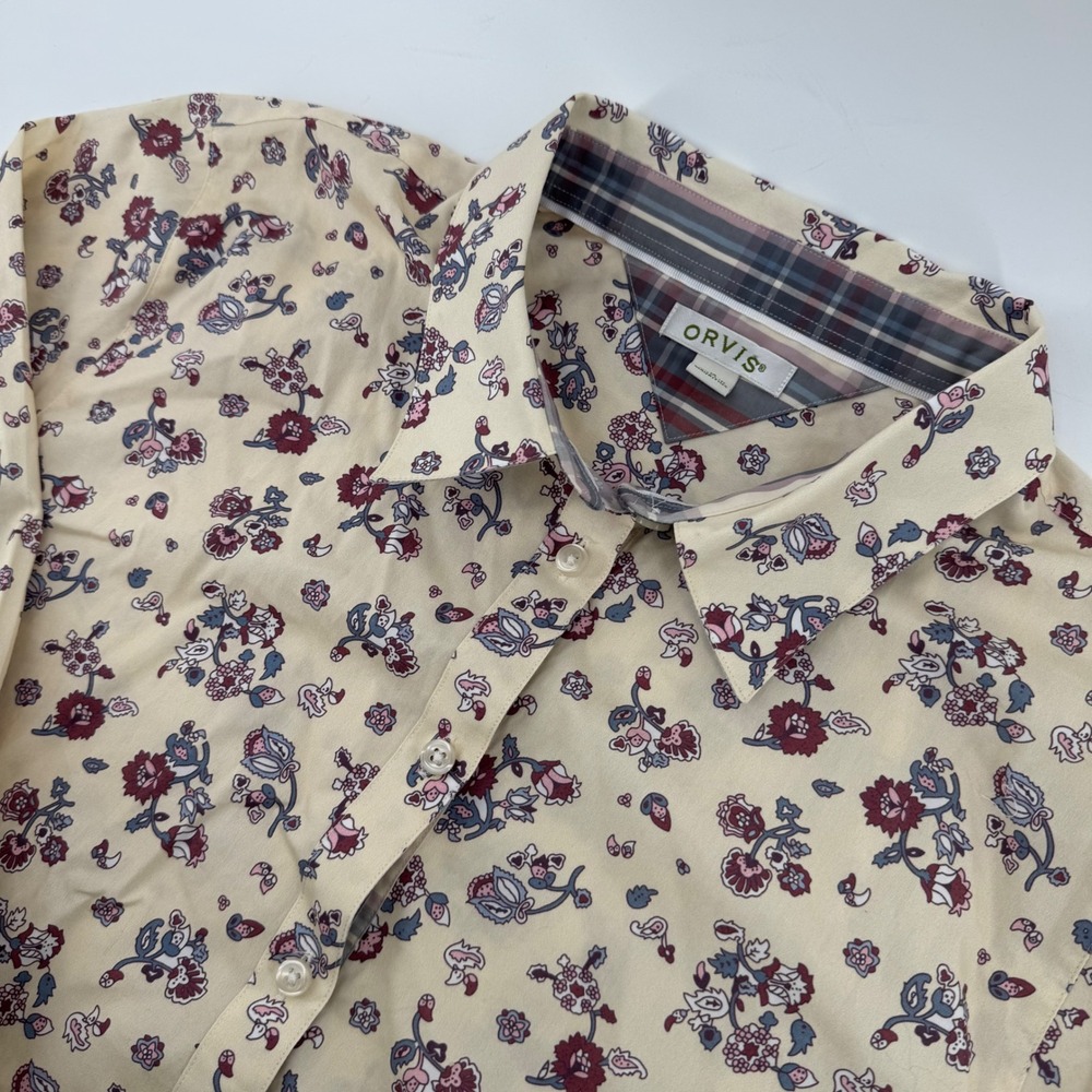 Orvis Floral Button Down Shirt Womens 18 Cream Burgundy‎ Long Sleeve Cotton Trim